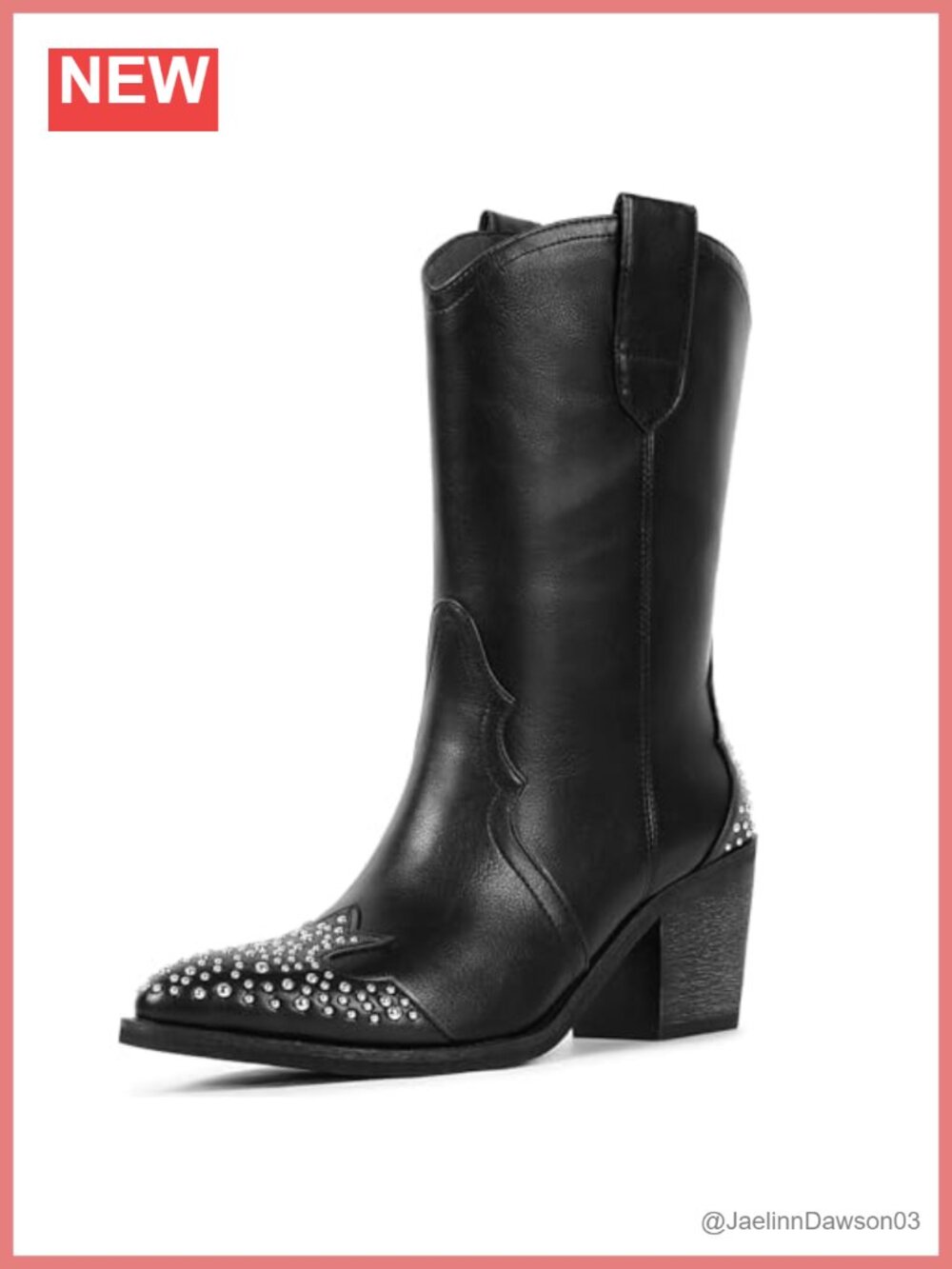 Studded Mid Calf Cowboy Boots Pointed Toe Chunky Heel Side Zipper Western Boots